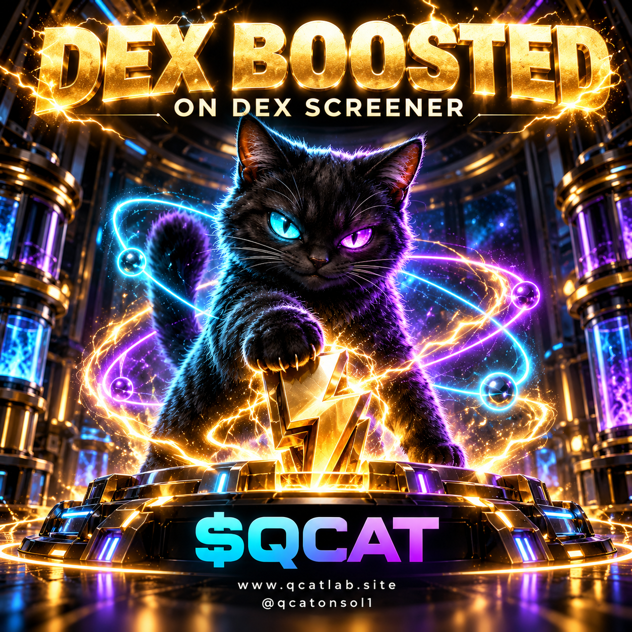DEX BOOSTED on DEX Screener: QCAT's black cat with cyan and purple eyes holding a gold lightning bolt in a quantum laboratory