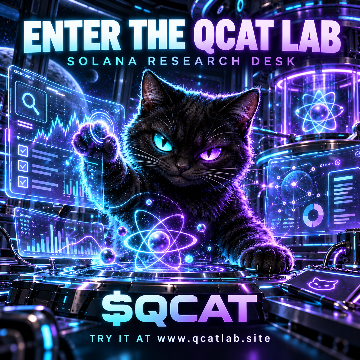 Quantum Cat exploring holographic research panels in its cyan and purple laboratory